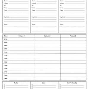 May include: A black and white Hourly Nurse Brain planner sheet featuring sections for Nurse, Date, Shift, and Unit. It includes three patient columns with fields for Room, Patient, Dx, Code, Vitals, Key Meds, Notes, a time grid from 0700 to 1900, and bottom sections for Tasks, Labs, and Calls/Follow Up.