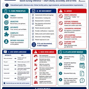 May include: A blue and white nursing documentation cheat sheet featuring seven sections including core principles, documentation requirements, high-risk areas, and late entry guidelines. The text provides clinical guidance for clear, accurate, and timely medical charting.
