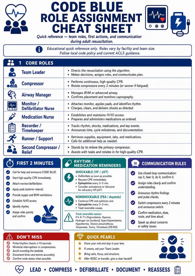 May include: A blue and white educational cheat sheet titled CODE BLUE ROLE ASSIGNMENT CHEAT SHEET. It outlines core medical team roles, first two-minute actions, rhythm and medication reminders, communication rules, and quick pearls for resuscitation.