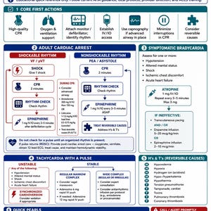 Op de afbeelding: Een ACLS Algorithm Summary educatieve kaart met blauwe en witte tekst en iconen voor hartstilstand, bradycardie en tachycardie. Het overzicht bevat eerste acties, schokbare ritmes, medicatiedoseringen en de H's & T's.