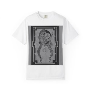 Two-Faced Demon Mask Illustration T-Shirt | Braided Hair, Geometric Frame