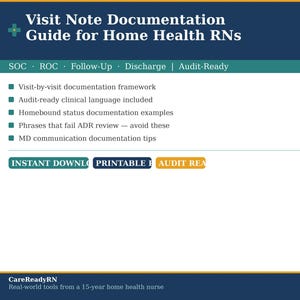 Puede incluir: Una guía digital titulada Visit Note Documentation Guide for Home Health RNs. Incluye secciones para SOC, ROC, Follow-Up, Discharge y Audit-Ready. Los puntos enumeran marcos de documentación y consejos clínicos.