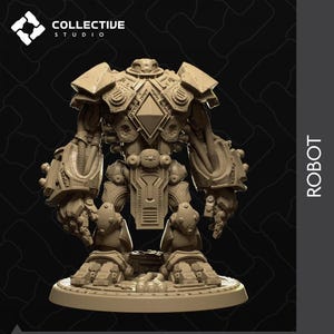 May include: A tan-coloured, unpainted resin robot figurine standing on a circular base. The robot features intricate mechanical details, including shoulder plates, a central diamond-shaped chest piece, and exposed tubing. The text "COLLECTIVE STUDIO" and "ROBOT" are visible.