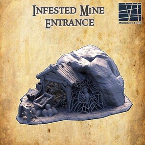 Puede incluir: Una pieza de terreno en miniatura para juegos de mesa de color gris titulada Infested Mine Entrance de Miniature Land. El modelo muestra una entrada de cueva rocosa con una estructura de madera, una vagoneta y una gran telaraña.