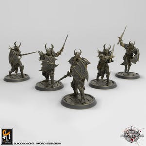 May include: A set of five miniature Blood Knight figures from the Order Immortalis collection by Lord of the Print. Each figure features dark, metallic armor, a horned helmet, a bat-wing shaped shield, and a sword in various combat poses.