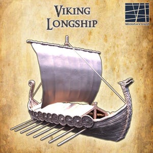May include: A miniature Viking longship model featuring a single sail, a carved dragon head prow, and a row of circular shields along the hull. The ship includes extended oars and is labeled with the text VIKING LONGSHIP and Miniature Land.