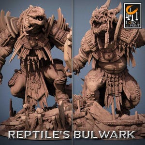 May include: A monochromatic brown resin figurine of a reptilian warrior in ornate armor, standing on a debris-filled base. The figure features sharp teeth, layered shoulder plates, and hanging decorative elements. Text reads REPTILE'S BULWARK.