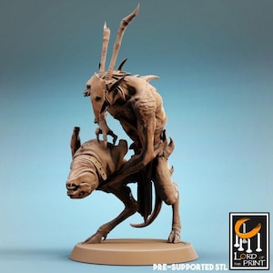 May include: A brown resin miniature figurine depicting a tall, horned creature with a skeletal mask riding a smaller, four-legged beast with a collar. The base is circular and smooth. The text "LORD OF THE PRINT" is visible in the bottom corner.