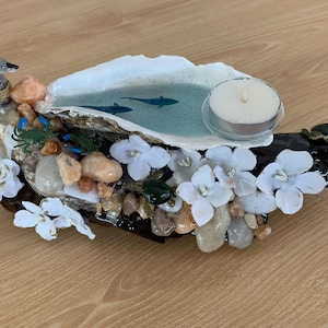 Large Oyster Shell Beach Scene with Sharks Candle Holder on Driftwood
