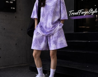 Women's Tie Dye Shorts Set, Casual T-Shirt & Wide Leg Shorts, Summer Lounge Set with Pockets, Soft 2 Piece Outfit