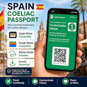 以下が含まれることがあります： スペイン向けのCoeliac Passportアプリを表示するスマートフォン。緑色のインターフェースに英語とスペイン語のテキスト、グルテンフリーのシンボル、QRコードが配置されています。画面には「I've Got Coeliac Disease」や「Is It Safe For Me To Eat Here」といったフレーズが表示されています。