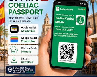 Vertaalkaart voor coeliakie in Spanje | Glutenvrije reiskaart | Apple- en Google-portemonnee | QR-keukengids