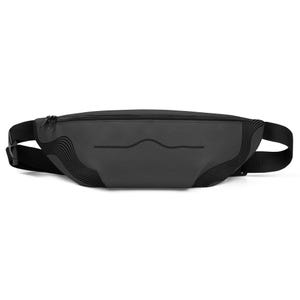 May include: A matte black fanny pack featuring a smooth central panel with a subtle horizontal line graphic and textured, wavy ribbed detailing on the side edges. The bag includes a top zipper closure and an adjustable black nylon strap.