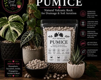 Pode incluir: Um saco de plástico transparente cheio de pedra-pomes vulcânica cinzenta e porosa da PGV Premium para aeração do solo. O rótulo apresenta o texto 'PUMICE Natural Volcanic Rock for Drainage & Soil Aeration' e ícones de drenagem e pH.