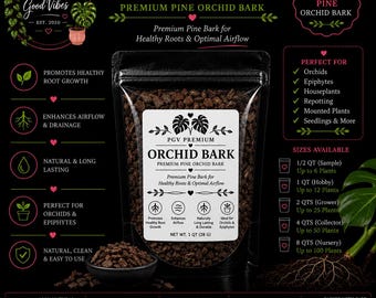 May include: A black resealable pouch of PGV Premium Orchid Bark with a white label featuring the text Orchid Bark, Premium Pine Orchid Bark, and Net Wt. 1 QT (28 G). The bag contains brown pine bark pieces, with a small bowl of bark in front.