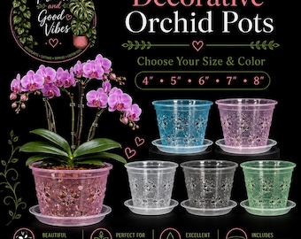 May include: Decorative orchid pots in various colours including blue, pink, clear, and green, each featuring a floral cutout pattern and a matching saucer. The text reads Decorative Orchid Pots, Choose Your Size & Colour, 4, 5, 6, 7, 8 inches.