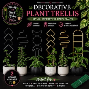 Puede incluir: Seis enrejados decorativos para plantas en metal negro y dorado, con diseños geométricos, ondulados, de fases lunares y arqueados. Cada enrejado sostiene una planta verde en maceta. El texto incluye DECORATIVE PLANT TRELLIS y 2 COLORS AVAILABLE.