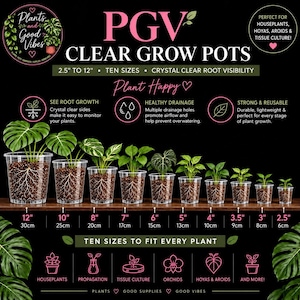 May include: A set of ten clear plastic grow pots ranging from 2.5 to 12 inches in diameter, each containing a green plant with visible roots in soil. The image includes text labels for sizes and features like drainage and root visibility.