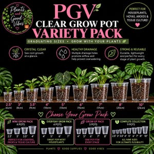 May include: A variety pack of clear plastic plant pots in nine graduating sizes from 2.5 inches to 10 inches. The pots feature drainage holes and are displayed with various green houseplants, showing visible soil and root systems inside.