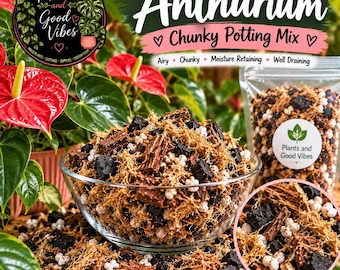 May include: A clear glass bowl filled with chunky potting mix containing brown wood chips, dark charcoal pieces, and white perlite. A clear plastic bag of the same mix sits nearby. Text reads Anthurium Chunky Potting Mix, Airy, Chunky, Moisture Retaining, Well Draining.
