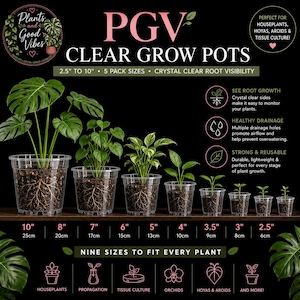 Doorzichtige kweekpotten met drainagegaten | PGV Clear Grow Pots | Plastic plantenpotten van 6,35 tot 25,4 cm | Orchideeën, Hoya's, Monstera's en kamerplanten | Doorzichtige plantenbak
