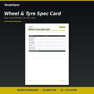 Wheel & Tyre Spec Card Printable | Fitment Record Sheet, Offset PCD and Tyre Size Reference PDF | Wheel Setup | A4 + US Letter