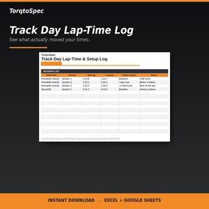 Track Day Lap Time & Setup Log Excel Google Sheets | Session Lap Timer, Best Lap Tracker and Car Setup Log Spreadsheet | HPDE