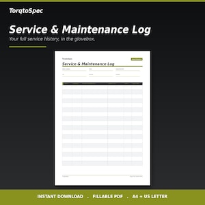Peut inclure: Un document blanc Service & Maintenance Log avec des accents vert olive. Le formulaire comprend des champs pour la marque, le modèle, l'immatriculation, le vin et le téléphone, ainsi qu'un tableau pour la date, le kilométrage et les travaux.