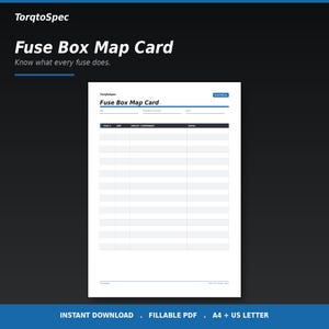 May include: A white Fuse Box Map Card document with blue and black text. The header reads TorqtoSpec and Fuse Box Map Card. It includes fields for car, fuse box location, date, and a table with columns for fuse number, amp, circuit, component, and notes.