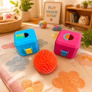 May include: A bright blue cube with the text NEE DOH and a yellow square button, a vibrant pink cube with a sun graphic and a blue square button, and a textured orange sphere. These items are arranged on a light-colored rug with floral patterns.