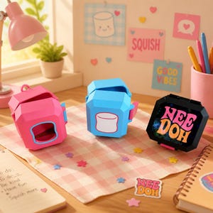 May include: Three square-shaped containers in pink, blue, and black. The pink container has an open front, the blue one features a white marshmallow graphic, and the black one displays the text NEE DOH in colorful, stylized bubble letters.