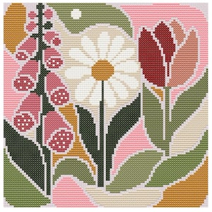May include: A cross-stitch pattern featuring a central white daisy with a yellow center, flanked by a tall stalk of pink bell-shaped flowers on the left and a red tulip on the right, set against a background of green, pink, and gold shapes.