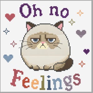 Puede incluir: Un patrón de punto de cruz que muestra un gato redondo y gruñón con pelaje crema y marrón. El texto "Oh no" aparece sobre el gato y "Feelings" debajo en letras multicolores. El diseño está rodeado de pequeños corazones y estrellas.