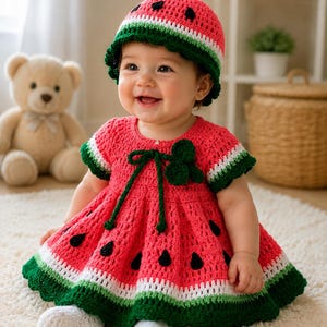 May include: A crochet dress and matching hat set featuring a watermelon theme. The outfit is primarily bright pink with a white band and a dark green scalloped hem. Black teardrop-shaped crochet appliques represent seeds, and a green bow is attached.