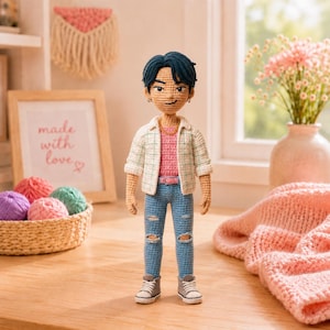 Puede incluir: Una muñeca de ganchillo hecha a mano con pelo azul oscuro, camiseta rosa, camisa de cuadros blancos y verdes, vaqueros azules desgastados con roturas en las rodillas y zapatillas grises. La muñeca lleva pendientes de aro y un collar dorado.