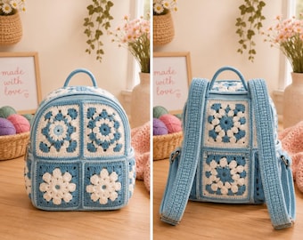 Mochila Floral Azul Claro em Crochê | Modelo Quadrado da Vovó | Molde de Bolsa de Crochê para Iniciantes (Download Digital)