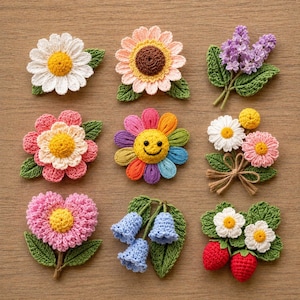 May include: A collection of nine crocheted floral and fruit appliques featuring a white daisy, a pink sunflower, purple lilacs, a pink layered flower, a multi-colored smiley face flower, a bouquet of daisies, a pink heart flower, blue bellflowers, and strawberries.