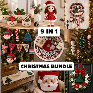 Peut inclure: Un ensemble de Noël 9 en 1 comprenant divers articles au crochet, notamment des petits pots, une poupée en robe rouge, un attrape-rêves, des décorations d'arbre, un tapis de sapin, un chemin de table, un coussin Père Noël et une couronne.