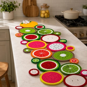 May include: A collection of round, crocheted coasters and mats featuring various fruit designs including watermelon, kiwi, orange, and dragon fruit. The colorful, circular textile pieces are arranged in a scattered pattern across a kitchen counter.