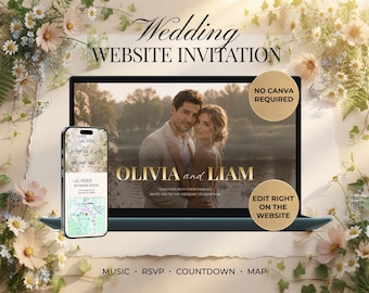 Wildflower Wedding Website Template, Digital Wedding Invitation with RSVP, Countdown, Music & Google Maps