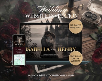 Gothic Wedding Website Template, Digital Wedding Invitation with RSVP, Countdown, Music & Google Maps