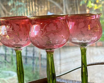 Antique French Glassware, 8 Baccarat Hock Wine Glasses, Pink Engraved Bowls, Long Green Stems, Gilt Trim, Christmas Bar Ware, Circa 1900s
