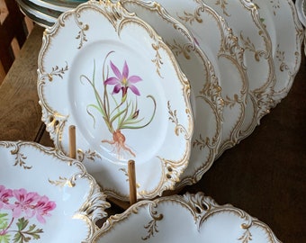 Rare Antique HR Daniel Dessert Set, 5 Dessert Plates, 2 Cake Stands, Hand Painted Florals, Pierced Rims, Heirloom Quality, C1822 1846