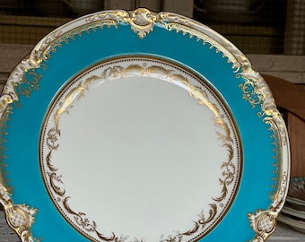 6 Rare Antique English Dinner Plates, Celeste Blue Border With Embossed Neoclassic Gilt Embellishments, Scalloped Rims, Heirloom Quality