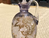 Antique French Glassware, Solo Crystal Cruet, Purple Colored Glass, Enameled Gold Scrolls ,Leaves, Florals, Christmas Gift, Circa 1900 1909