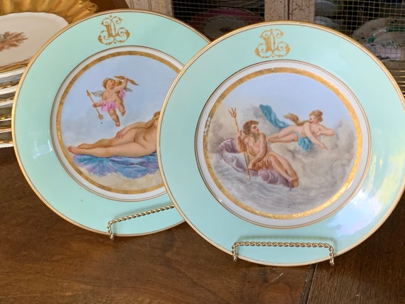 Antique Limoges Monogrammed  Dessert Plates with Hand Painted Cupid Classical Nude Green Border1891 1896