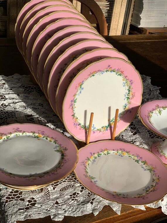Antique French Old Paris Pink Dessert Set w Hand Painted Floral Garland w Scalloped Gilt Trim, Timeless Elegance, Heirloom Quality, C 1800s