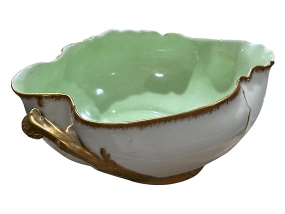 Antique Limoges Salad Bowl: White Exterior Green Interior  Gilded Rim 1891 French Tableware