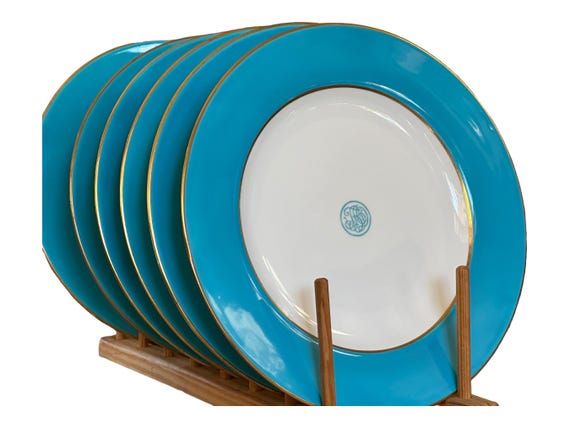 6 Antique Copelands China Dinner Plates Cerulean Blue Border Gilded Hand Painted Rim  Center Monogram TBD Wedding China C1891 1932