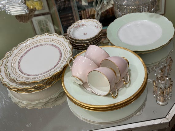 Elegant 19pc China Set: Pale Green Border Dinner Plates with Scalloped Dessert Plates Pink Teacups Fruit  Set- Family Heirloom Wedding Gift